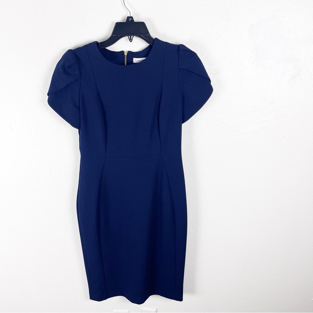 CALVIN KLEIN Navy Blue Back Zipper Short Sleeves Dress Size 6 Career Office